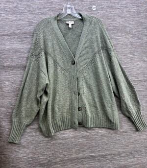 AnyBody Novelty Stitch Button Front Cardigan Sweater Size 2X Dusty Green NEW